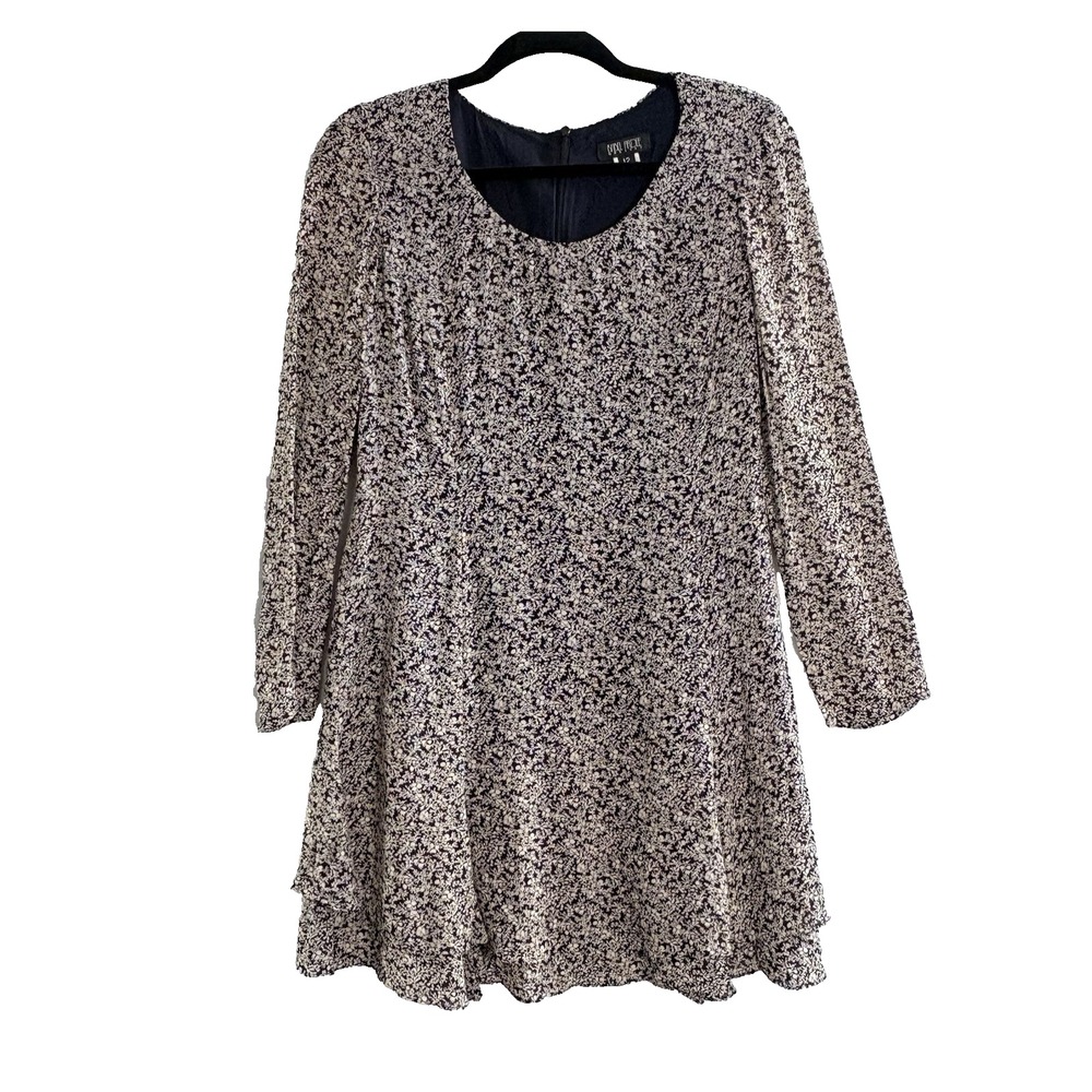 Vtg ISABEL ARDEE Women Long Sleeve Micro Floral Tired Mini Dress 12 Black Cream